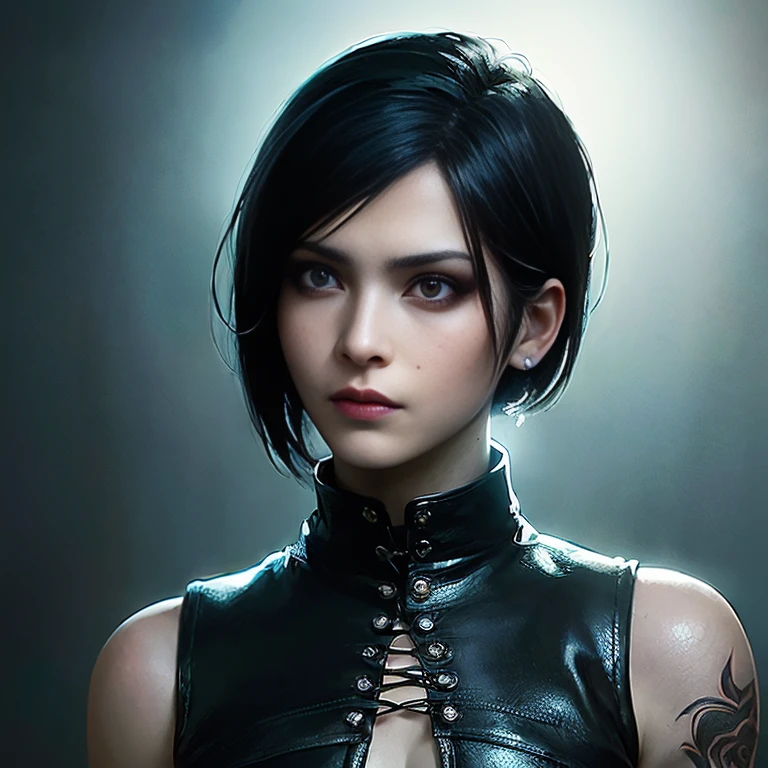 ((masterpiece, best quality)) <lora:ADAWONGv11_Lora128:1> ADAWONG with blue short hair and piercings, (defiance512:1.2), with a dark and a black background, Charlie Bowater, stanley artgerm lau, a character portrait, sots art, sharp focus, smooth, aesthetic, extremely detailed, octane render, 1girl, blue_eyes, , earrings, jewelry, lips, nose, piercing, realistic, short_hair, solo, dark industrial background, rtx, upper body, dark makeup, elegant pose, rock clothes, tattoo on arm, leather shirt, navel, beautiful detailed glow, detailed, Cinematic light, intricate detail, highres, detailed facial features, high detail