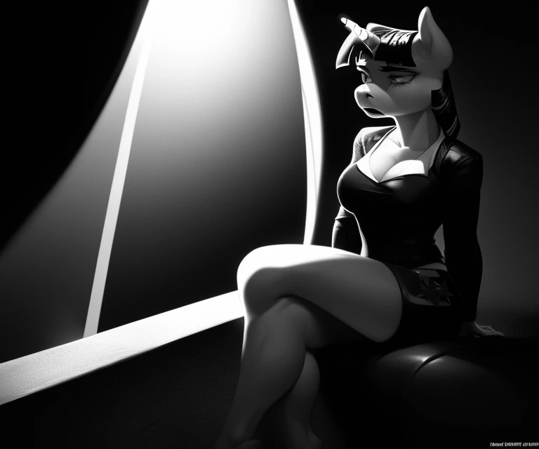 ((derpibooru_p_95)), solo, anthro, twilight sparkle, dramatic lighting, black and white, noir