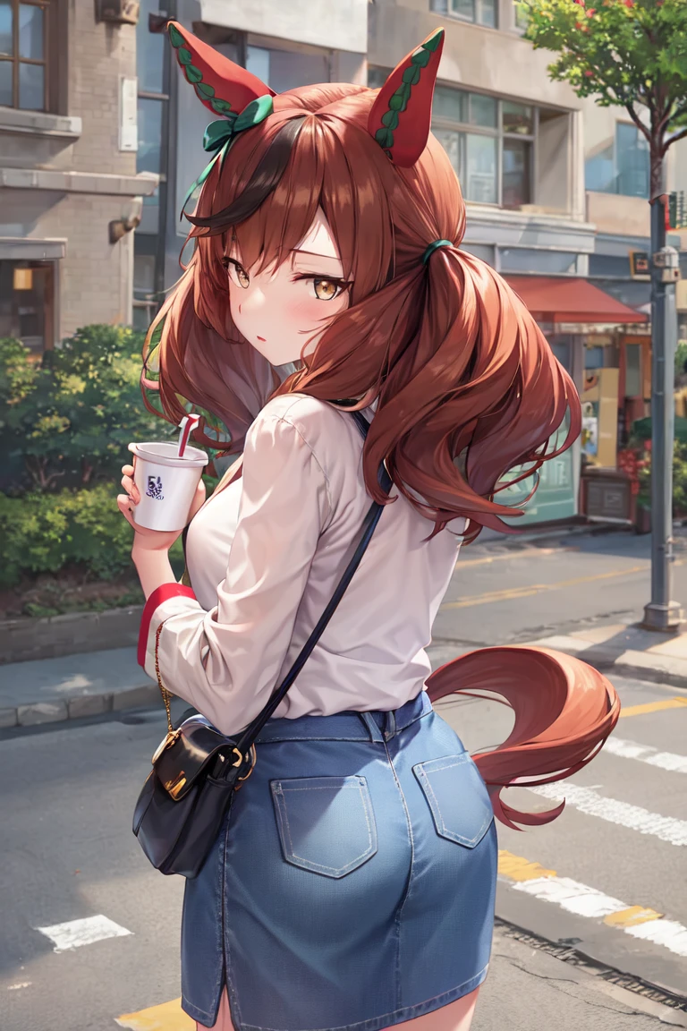 masterpiece, best quality,
nice nature \(umamusume\),
holding disposal cup, street, looking back,
casual, ear covers, long sleeves, wide sleeves, white shirt, red shirt stuck in skirt, denim skirt, long skirt,handbag, shoulder bag,
<lora:nice_nature_loha:0.8>
