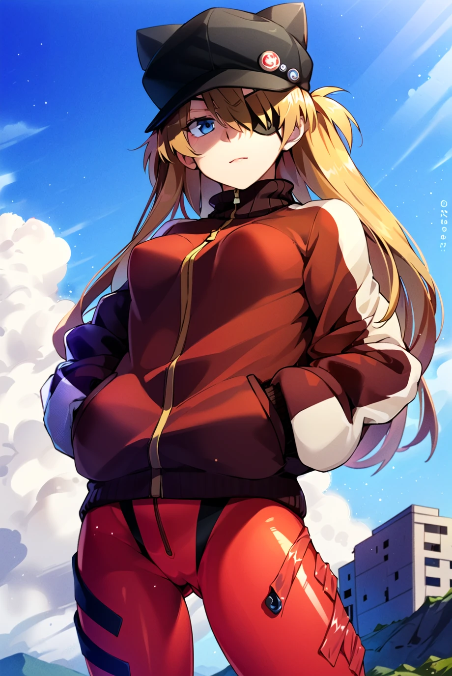 Anime girl in red pants and a black hat standing in front of a building ...