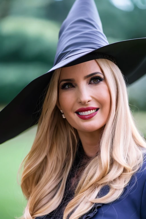 close up, ivnktrmp woman in a witch costume wearing a pointy hat, shallow depth of field, cinematic lighting, photographed on a Sony a9 II Mirrorless Camera, (highly detailed:1.2), (soft focus), film still,HDR, 8k resolution