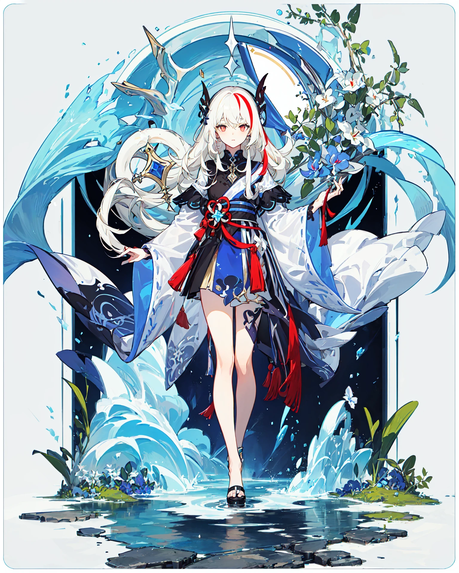 ((masterpiece)), ((high detail)), 1girl, ((ultra-detailed)),((delicate face)), Beautiful detailed eyes, (White blonde hair in gradations with red highlights,gradient hair),long hair, floating hair, ,hairs between eyes, GSHead,1girl ,solo,red eyes,genshin_impact,look at the viewer, <lora:gsr:0.7>,((full_body,distant view)), ((white background)), (Tarot cards border, outside border), Highly reflective mirror-like water underfoot,Step on the lake,<lora:tachi-e:1>,Wide Angle shot, strong light and shadow, cinematographic lens