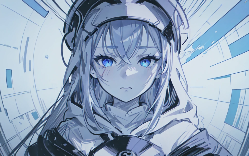 (best quality, masterpiece), Glitch screen filter, (1girl, solo, hood, expression face, standing, looking at viewer, cap, blue eyes, long straight hair, closed mouth, upper body,), (Monochrome, cracked multicolored carved circle, white wall, ),