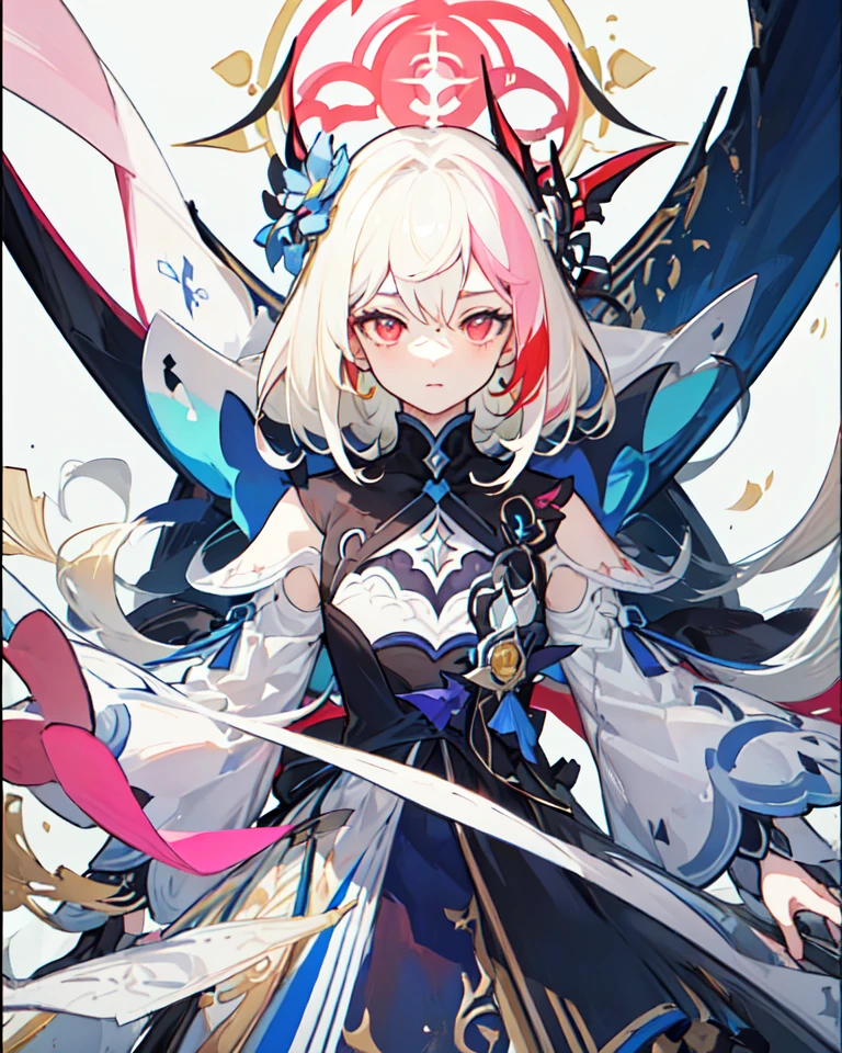 ((masterpiece)), ((high detail)), 1girl,  ((ultra-detailed)),((delicate face)),  Beautiful detailed eyes, (White blonde hair in gradations with red highlights,gradient hair),long hair, floating hair,  ,hairs between eyes, GSHead,1girl ,solo,red eyes,genshin_impact,look at the viewer,  <lora:gsr:0.7>,, ((white background)), (Tarot cards border, outside border), ,<lora:tachi-e:1>,Wide Angle shot, strong light and shadow, cinematographic lens,((Floating and flying in the sky,with cotton-like clouds)),((pink cloud surround)) ,<lora:tachi-e:1:XYZ>