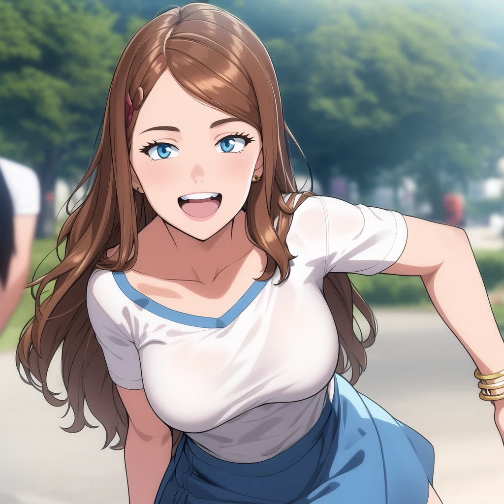 best quality 1girl, solo, brown hair, skirt, jewelry, bracelet, long hair, outdoors, smile, blue eyes, teeth, blue skirt, looking at viewer, blurry background, photo background, open mouth, breasts, shirt, collarbone, <lora:TekuhoUlt_v1:0.8>