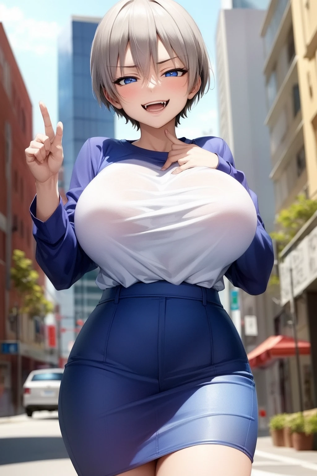 masterpiece,1 girl,solo,(uzakihana:1.1),(smirk:1.3),fangs,(blue skirt,white long sleeve,clothes writing:1.2),(open mouth:1.2),street,city,(gigantic breasts:1.2) <lora:uzakihana:1>