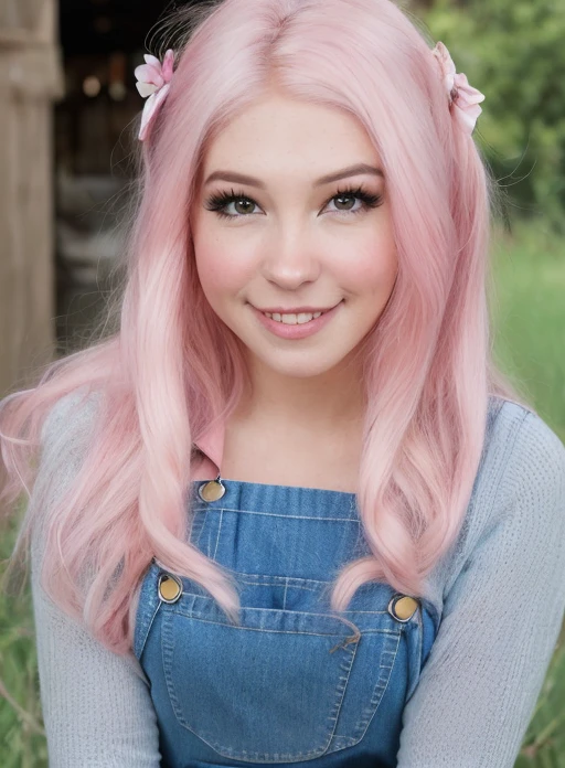 closeup portrait, professional portrait, front lit natural lighting, upper body, facing viewer, mouth open, ((winking)),((one_eye_closed)), beautiful woman (wearing denim overalls), <lora:BelleDelphineNewV4:0.75>, facing viewer, in on a farm, tractor, beautiful  pink long hair, Instagram photo, belledelphine