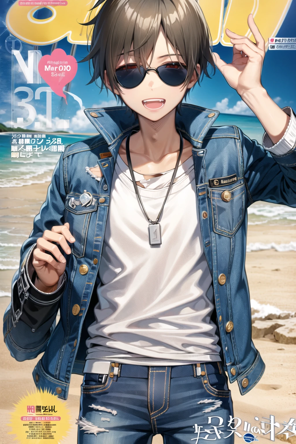 magazine cover, 1boy, open jacket, torn jeans, sunglasses, beach, :d, <lora:Anime Magazine Cover V3:0.6>,
