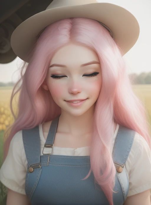 closeup portrait, professional portrait, front lit natural lighting, upper body, facing viewer, mouth open, ((winking)),((one_eye_closed)), beautiful woman (wearing denim overalls), <lora:BelleDelphineNewV4:0.75>, facing viewer, in on a farm, tractor, beautiful pink long hair, Instagram photo, belledelphine