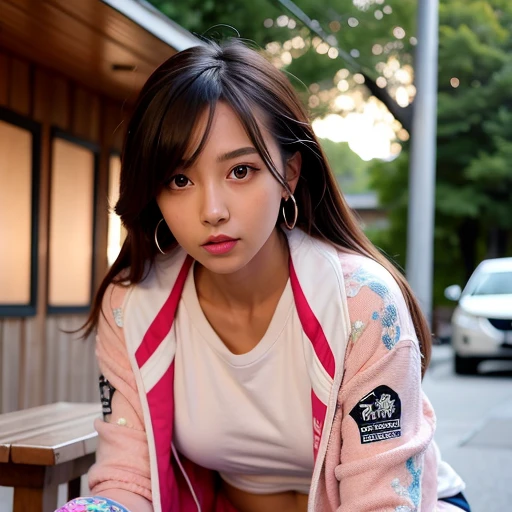 (((whole body))), (goddess-like happiness:1.2), Kpop idol, Koean mix, (RAW photo:1.2), (photorealistic:1.4), (masterpiece:1.3), (intricate details:1.2), delicate, beautiful detailed, (detailed eyes), (detailed facial features), ((varsity jacket with tshirt inside:1.5)), tall female, petite, small breasts, narrow waist, skin tight, (looking_at_viewer), from_front, big circle earrings, slim_legs, (skinny), (best quality:1.4), (ultra highres:1.2), cinema light, outdoors, (extreme detailed illustration), (lipgloss, eyelashes, best quality, ultra highres, depth of field, caustics, Broad lighting, natural shading, 85mm, f/1.4, ISO 200, 1/160s:0.75), <lora:TWbabe1:0.6>