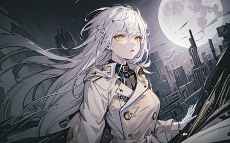 (best quality, masterpiece), (1girl, trench coat, expression face, black yellow eyes, white hair, hood, white gloves, looking away, closed mouth, upper body), (less light, full moon, cracked city background, sandstorm, floating debris behind, abandoned place, Yellow dust sky, Lightning),
