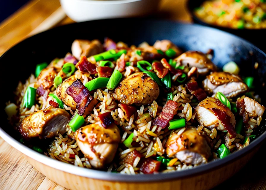 a stunning photo of the world's most delicious chicken and bacon fried rice