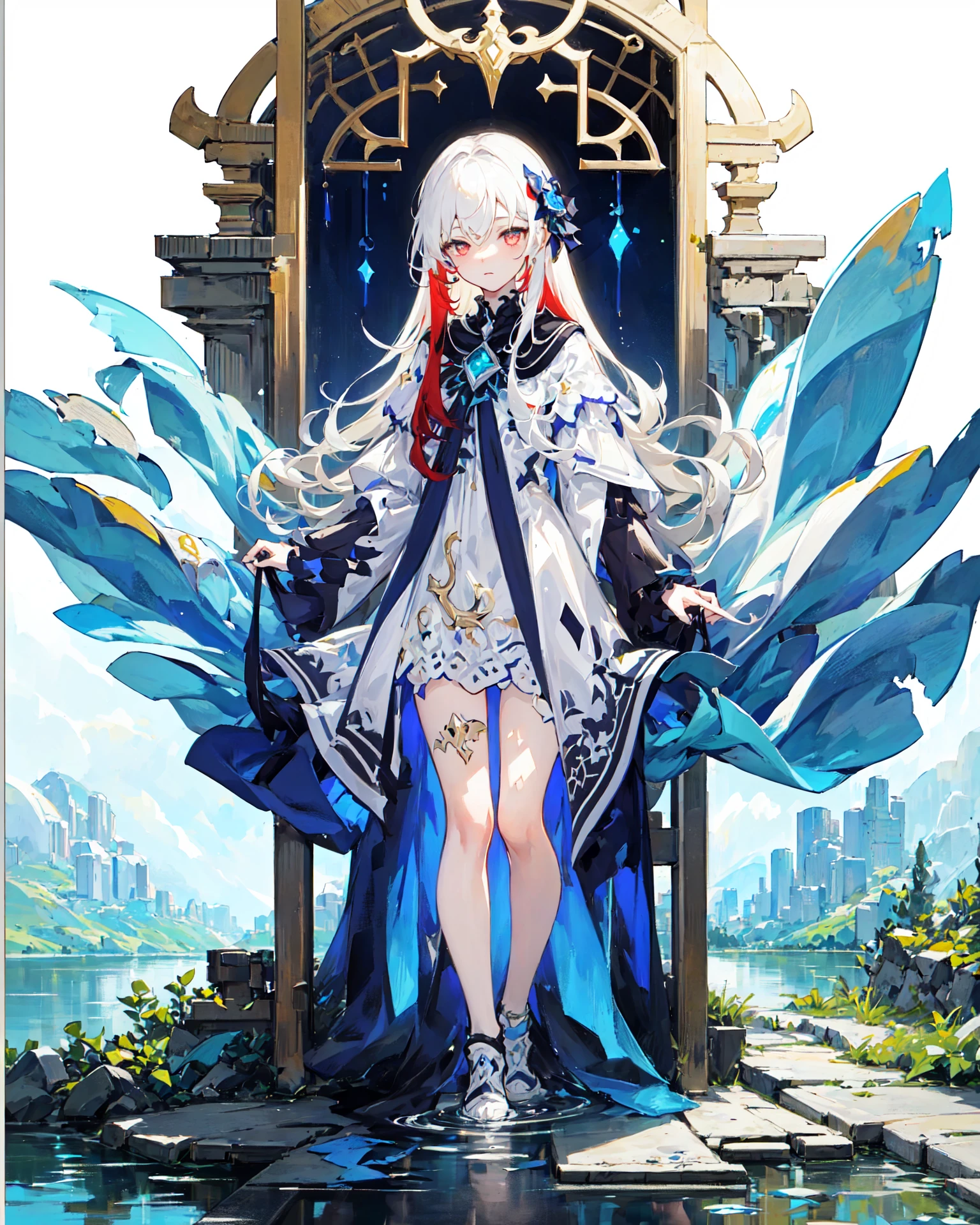 ((masterpiece)), ((high detail)), 1girl, ((ultra-detailed)),((delicate face)), Beautiful detailed eyes, (White blonde hair in gradations with red highlights,gradient hair),long hair, floating hair, ,hairs between eyes, GSHead,1girl ,solo,red eyes,genshin_impact,look at the viewer, <lora:gsr:0.7>,((full_body,distant view)), ((white background)), (Tarot cards border, outside border), Highly reflective mirror-like water underfoot,Step on the lake,<lora:tachi-e:1:1,1,1,1,0,0,0,1,1,1,0.2,1,1,1,1,1,1>,Wide Angle shot, strong light and shadow, cinematographic lens