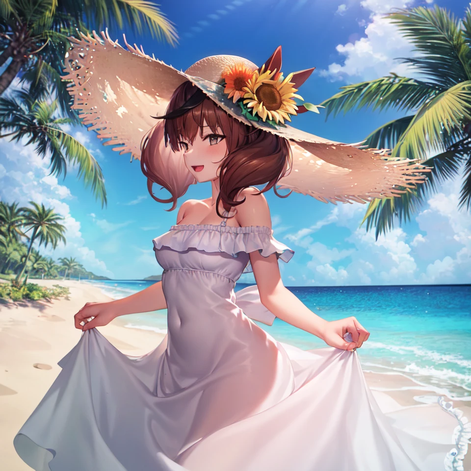 masterpiece, best quality,
nice nature \(umamusume\),
outdoors, sky, day, cloud, ocean, beach, palm tree,
smile, open mouth, straw hat, medium breasts, bare shoulders, off shoulder, white dress, skirt hold, sunflower, off-shoulder dress, hat flower, sundress
<lora:nice_nature_loha:0.8>