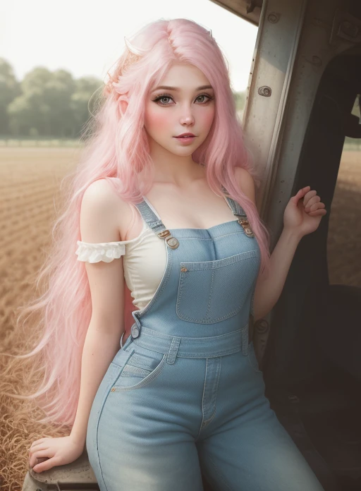 closeup portrait, professional portrait, front lit natural lighting, upper body, facing viewer, mouth open, beautiful woman (wearing denim overalls), <lora:BelleDelphineNewV4:0.75>, facing viewer, in on a farm, tractor, beautiful pink long hair, Instagram photo, belledelphine