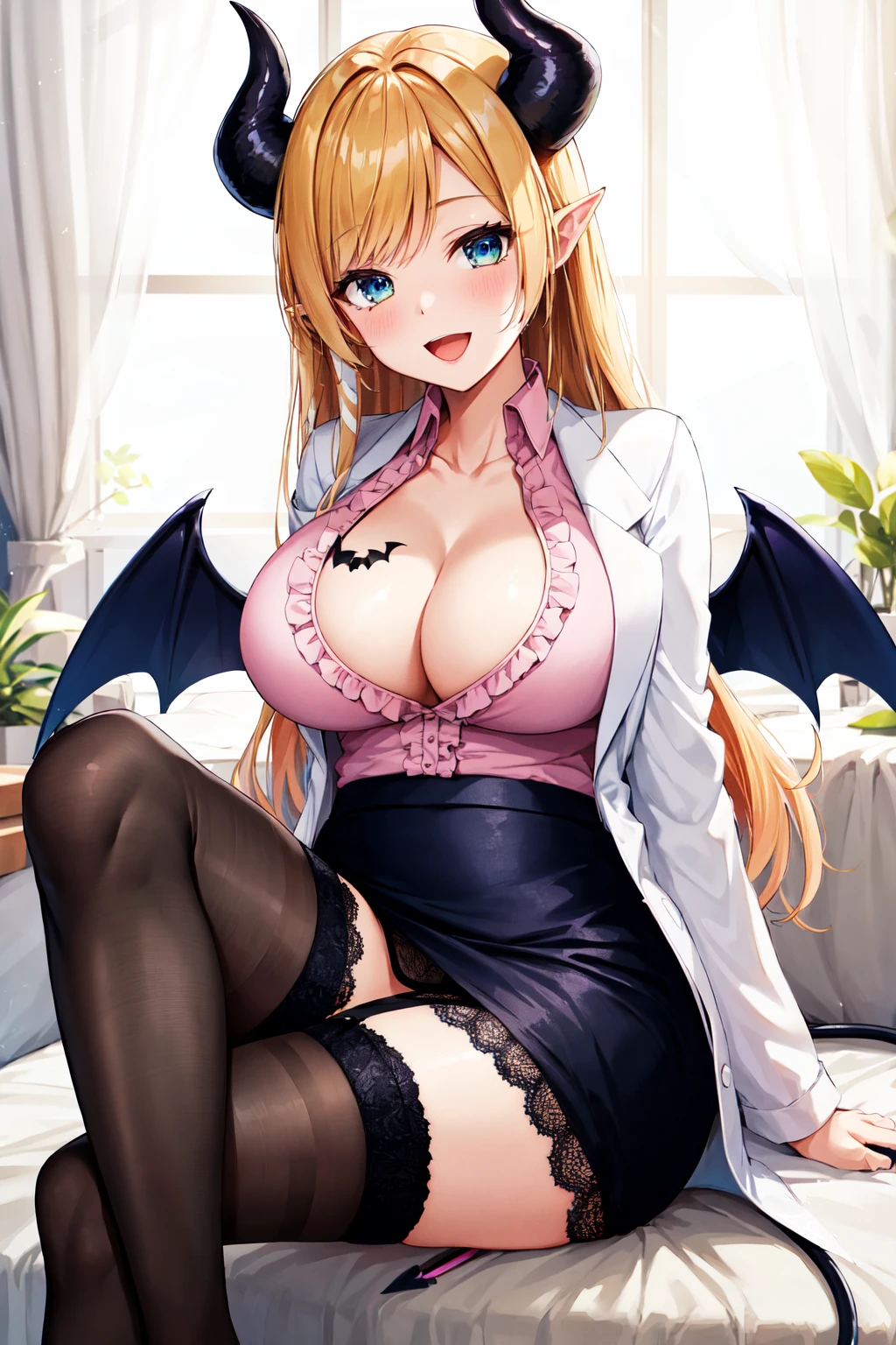 masterpiece, best quality, highres, 1girl, yuzuki choco, virtual youtuber, horns, breasts, thighhighs, blonde hair, long hair, pointy ears, blue eyes, garter straps, wings, cleavage, skirt, breast tattoo, pink shirt, demon horns, tattoo, lace-trimmed legwear, shirt, demon girl, bangs, demon wings, lace trim, black thighhighs, demon tail, black skirt, pencil skirt, tail, frills, frilled shirt, white labcoat, coat, <lora:yuzuki_choco_v1:0.6>, smile, open mouth, sitting, crossed legs,