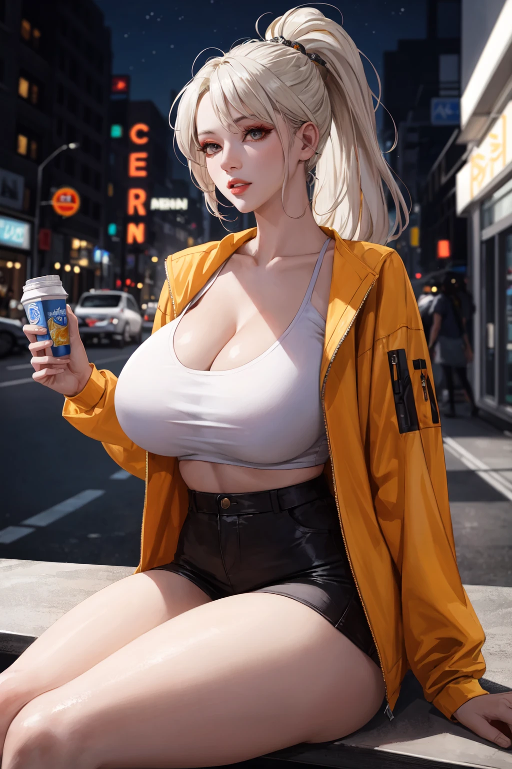 (masterpiece:1.2, best quality), (real picture, intricate details, depth of field), (1girl, solo, talls, long legs, perfect body), (huge breasts:1.3), skindentation, thick thighs, wide hips, make up, parted lips, heart, realistic, shiny skin, highly-detailed, perfect face, dynamic pose, dynamic angle,
Edgy girl, orange jacket, techwear, white sneaker,
platinum blonde hair color, ponytail, dramatic makeup, piecing,
sitting on a table outside of a store, looking at the street,
outdoor, ((nighttime, dark city)), neon signs, convenience store,
individuality, authenticity, creative expression
(ulzzang-6500-v1.1:0.8), (PureErosFace_V1:0.8)