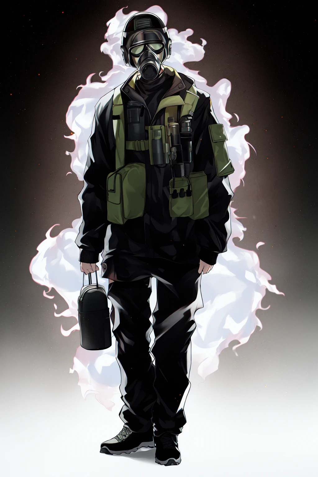 full body, man in a gas mask