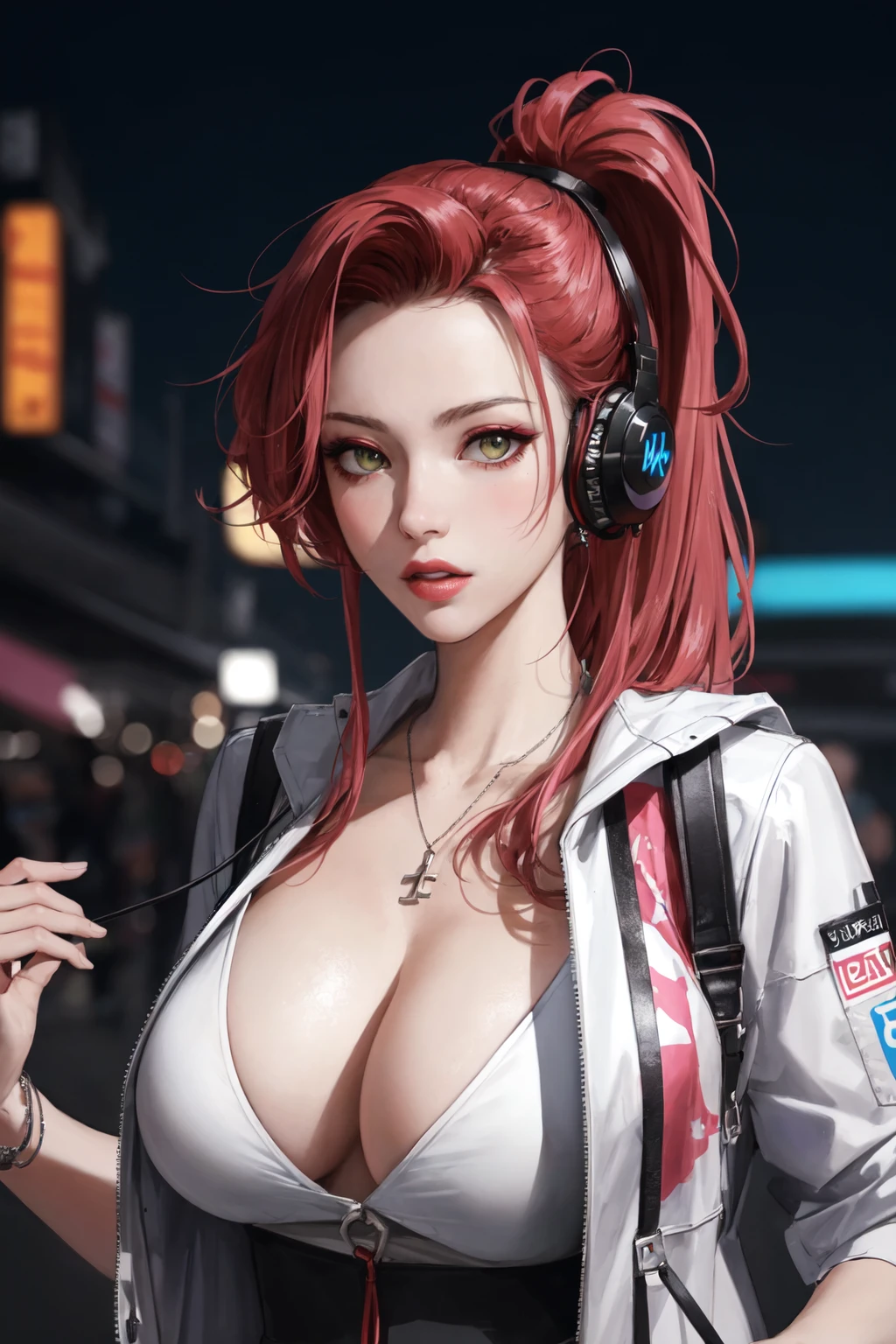 (masterpiece:1.2, best quality), (real picture, intricate details, depth of field), (1girl, solo, huge breasts), make up, parted lips, realistic, highly-detailed, perfect face, dynamic pose, dynamic angle,
Clothes: edgy, avant-garde jacket, tech wear, experimental, high-tech clothes, headphone
Appearance: bold hair color, ponytail, dramatic makeup, unconventional fashion choices, piecing,
Behavior: standing outside of a store, listening to music, thinking
Location: outdoor, dark city, colorful Graphiti, paint splash, neon lights, convenience store
Hobbies: attending music concert, creating mixed media art, experimenting with different subcultures
Values: individuality, authenticity, creative expression
Inspirations: lofi music, counterculture icons, avant-garde art movements, technology
Personality traits: calm, shy, tech enthusiast