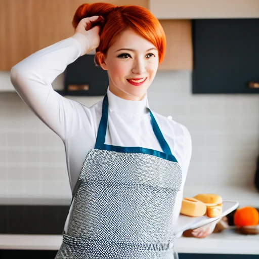 a closeup portrait of a playful maid, undercut hair, apron, amazing body, pronounced feminine feature, busty, kitchen, [ash blonde | ginger | pink hair], freckles, flirting with camera