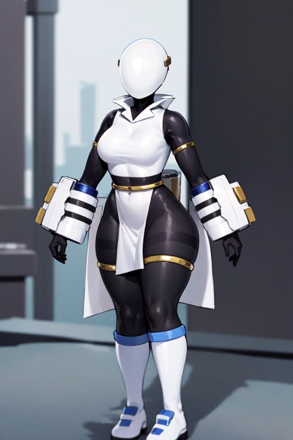 1girl, solo, standing, white bodysuit, skin tight, helmet, gloves, boots, breastplate, tabard