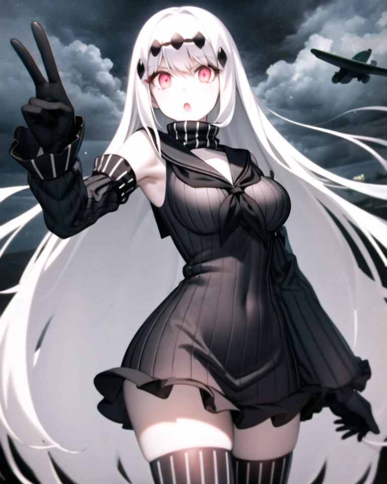 (masterpiece, best quality, best anatomy, digital art, Intricately designed 2d illustration), aircraft carrier water oni, abyssal ship, shinkaisei-kan, :o, 1girl, solo, white skin, red eyes, (white hair, long hair, very long hair, hair ornament), breasts, large breasts, detached sleeves, bare shoulders, (dress, black dress, sailor dress, ribbed dress, short dress), (zettai ryouiki, thighhighs, black thighhighs), cowboy shot, upper body, (storm clouds, stormy waters, dark skies, bright highlights)