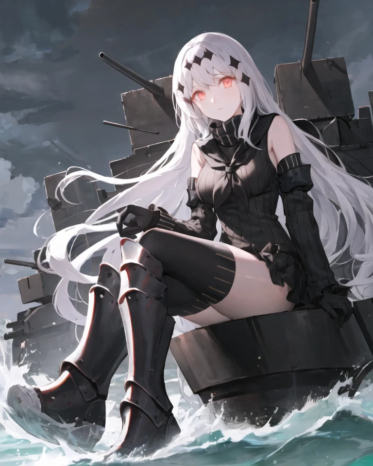 (masterpiece, best quality, best anatomy, digital art, Intricately designed 2d illustration), aircraft carrier water oni, abyssal ship, shinkaisei-kan, :|, 1girl, solo, white skin, red eyes, (white hair, long hair, very long hair, hair ornament), breasts, large breasts, (detached sleeves, bare shoulders, black gloves, gloves), (dress, black dress, sailor dress, ribbed dress, short dress), (zettai ryouiki, thighhighs, black thighhighs, black footwear, armor, armored boots, boots, greaves, knee boots), (storm clouds, stormy waters, dark skies, bright highlights)