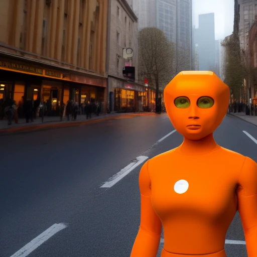 A realistic photograph of a 3d nousr robot in a modern city. A glossy white and orange nousr robot.