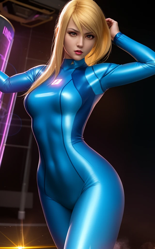 sexy, biceps, looking at camera, action pose, fighting, aiming, lasers, disheveled hair, science fiction, futuristic clothing, high technology, detailed, intricate, color lighting, lens flare, dramatic lighting, display screens, perfect composition, masterpiece, <lora:samus:0.5>, samus, mole, zero suit, realistic, belts, leg belts, arm belts