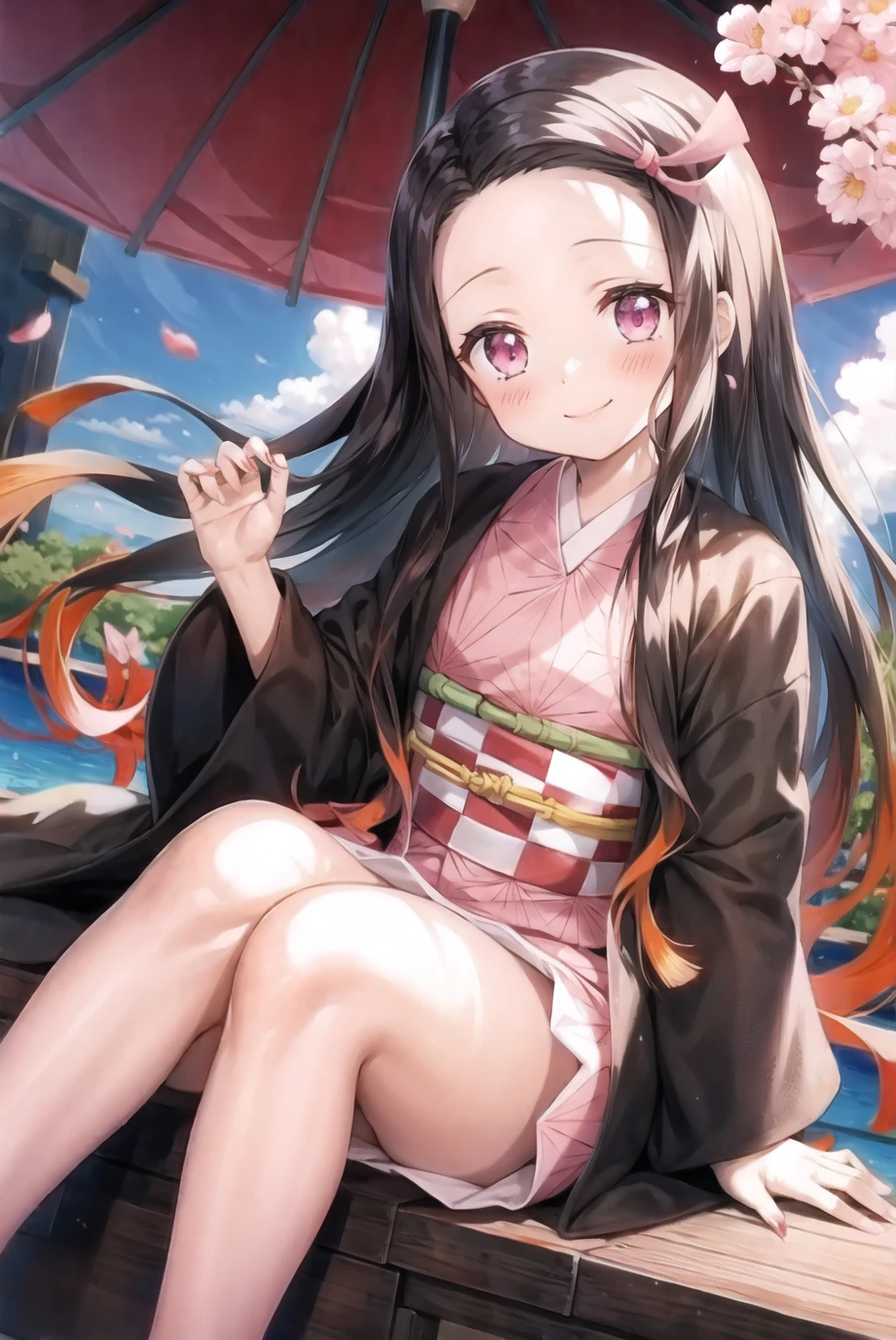 kamado nezuko, 1girl, closed mouth, smile, flower, japanese clothes, long fingernails, looking at viewer, petals, pink eyes, purple hair, sitting, solo, ((masterpiece)) <lora:kamado_nezuko_offset:1>
