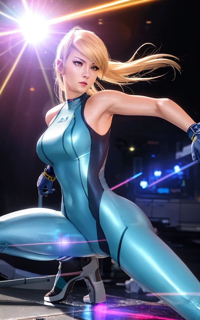 sexy, biceps, looking at camera, action pose, fighting, aiming, lasers,  disheveled hair, science fiction, futuristic clothing, high technology, detailed, intricate, color lighting, lens flare, dramatic lighting, display screens, perfect composition, masterpiece,  <lora:samus:0.5>, samus, mole, zero suit, realistic, belts, leg belts, arm belts