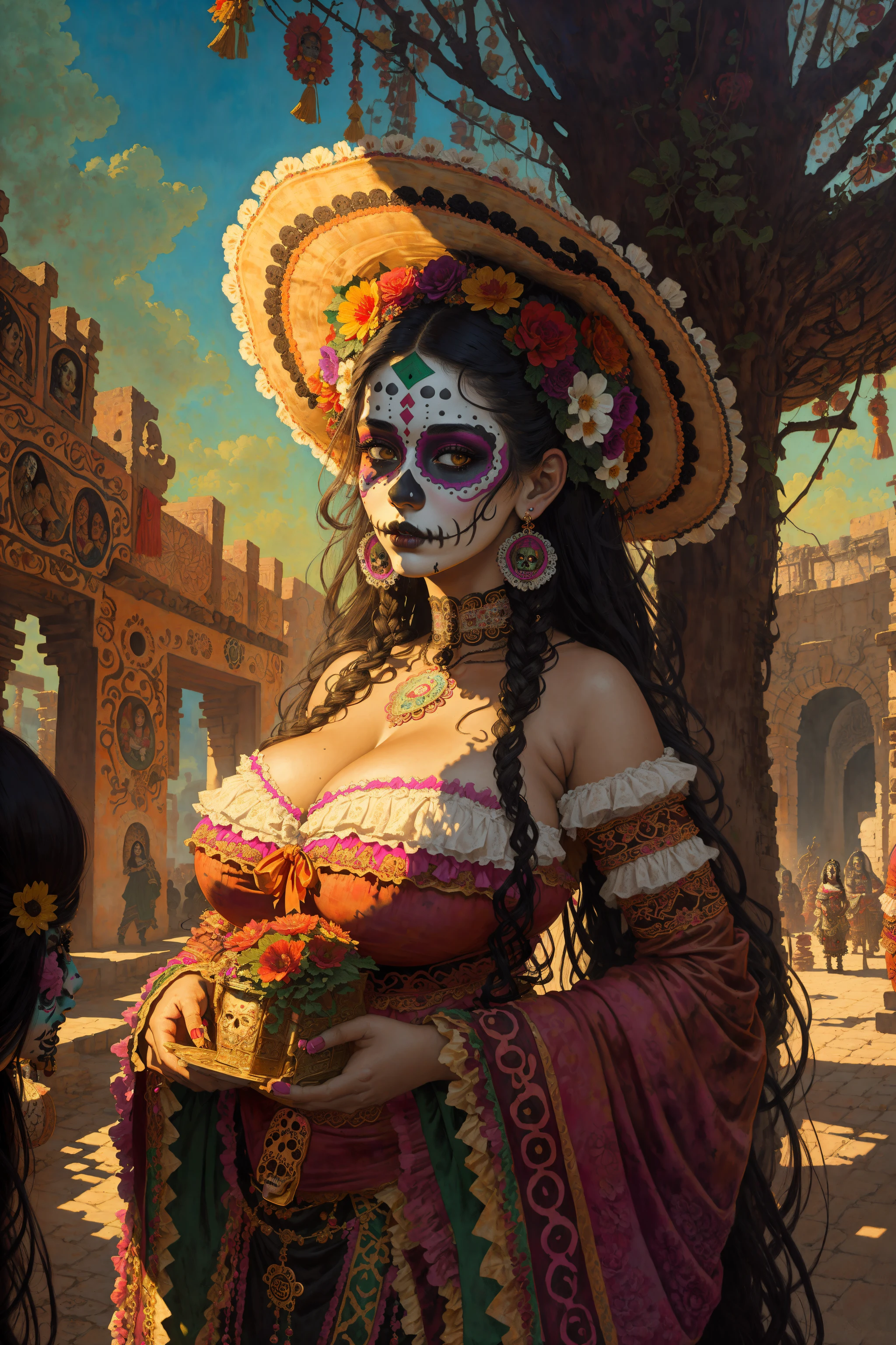 Día de los Muertos, mexican girl, makeup, festival background, cleavage, very large breasts, (art by Ferdinand Knab and Claude Bonin-Passarro:1.2),
