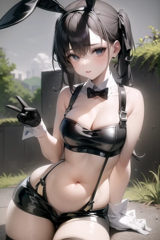 1girl, solo, playboy bunny, crop top, suspender shorts, detached collar, <lora:suspendersbunny_v1:0.8>, outdoors,