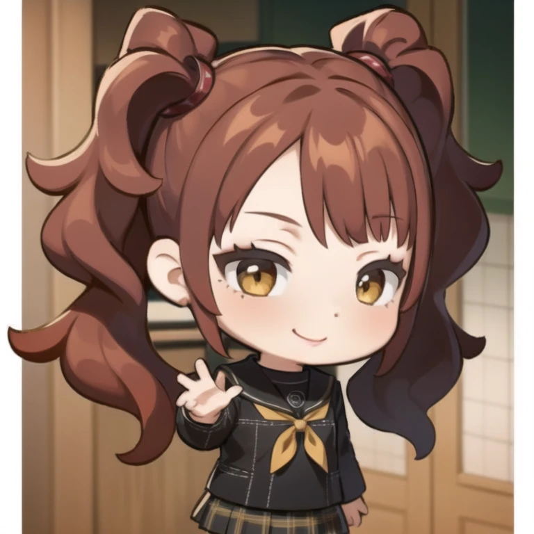 masterpiece, best quality, chibi, 1girl, solo, risekujikawa, smile, wink, twintails, school uniform,yellow neckerchief, black plaid skirt <lora:GenshinStickers:1> <lora:riseKujikawaPersona4_v10:1>