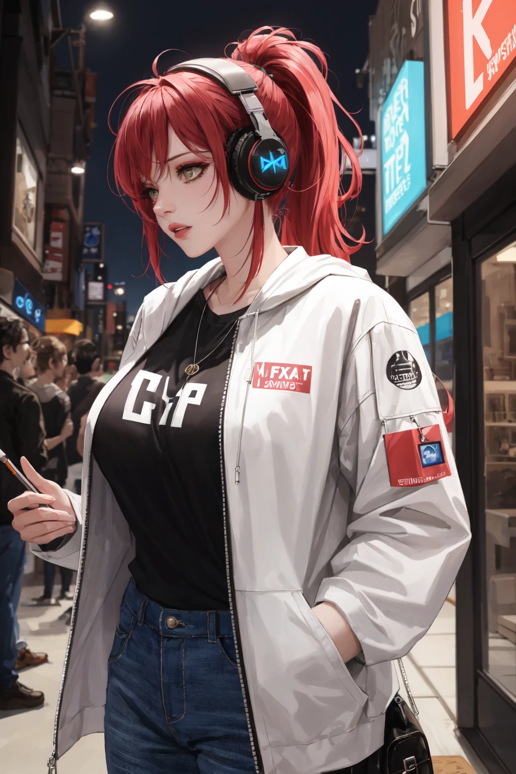 (masterpiece:1.2, best quality), (real picture, intricate details, depth of field), (1girl, solo, huge breasts), make up, parted lips, realistic, highly-detailed, perfect face, dynamic pose, dynamic angle,
Clothes: edgy, avant-garde jacket, tech wear, experimental, high-tech clothes, headphone
Appearance: bold hair color, ponytail, dramatic makeup, unconventional fashion choices, piecing,
Behavior: standing outside of a store, listening to music, thinking
Location: outdoor, dark city, colorful Graphiti, paint splash, neon lights, convenience store
Hobbies: attending music concert, creating mixed media art, experimenting with different subcultures
Values: individuality, authenticity, creative expression
