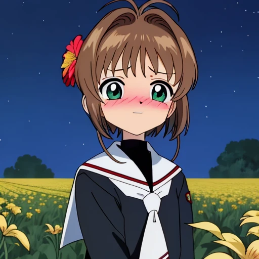 masterpiece, highres, kinomoto_sakura on the grass field, at night, star, beautiful scene, green starry eyes, blush, flower, wind, upper body, tomoeda_elementary_school_uniform