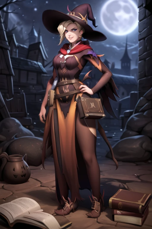 mercy, full body, hands on hips, witch, witch costume, witch hat, book on belt, mischievous face expression, smirk, night sky, moonlight, medieval castle, looking at viewer, <lora:mercyOverwatchLORA_v1:0.7>, best quality