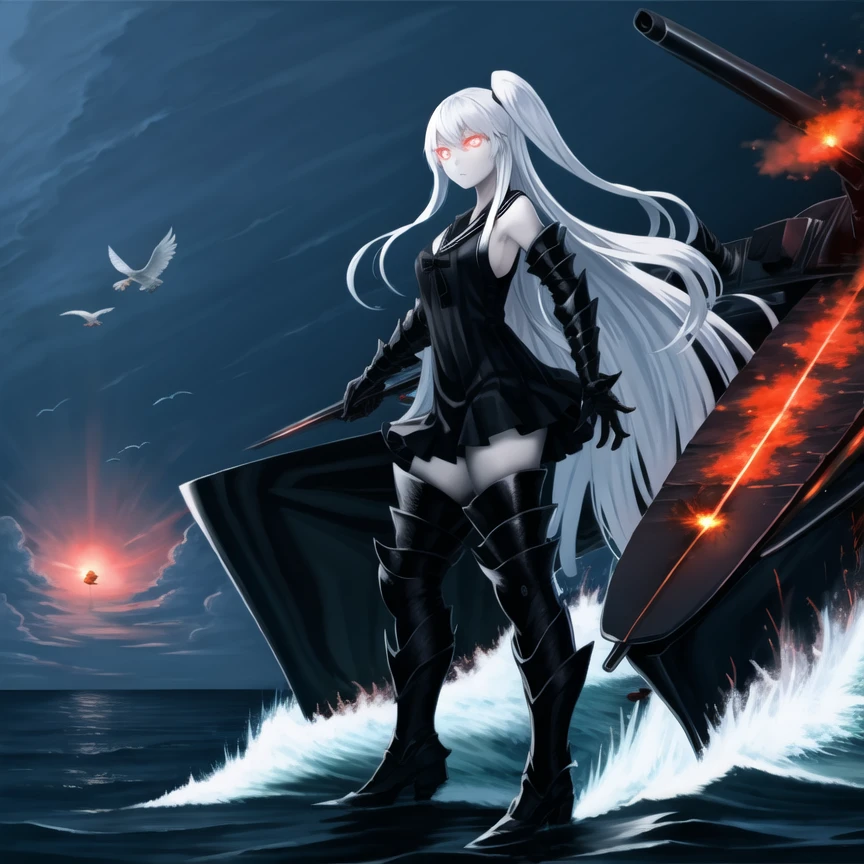 best quality, best anatomy, digital painting, opulent illustration, dynamic, aircraft carrier oni, abyssal ship, ((pigeon_pose, cut-in)), 1girl, disappointed, glowing, glowing eyes, pale skin, red eyes, very long hair, white hair, one side up, breasts, large breasts, black dress, sailor dress, sleeveless, gauntlets, armor, armored boots, thigh boots, thighhighs, zettai ryouiki, machinery, ocean, water, finely detailed background, amazing background