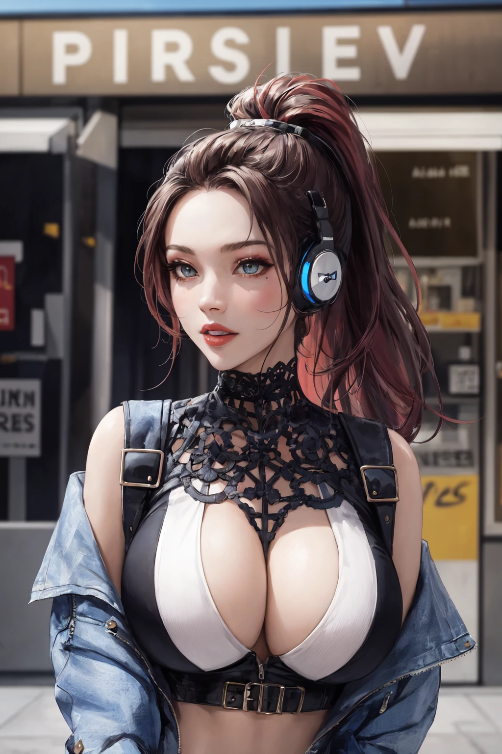 (masterpiece:1.2, best quality), (real picture, intricate details, depth of field), (1girl, solo, huge breasts), make up, parted lips, realistic, highly-detailed, perfect face, dynamic pose, dynamic angle,
Clothes: edgy, avant-garde jacket, tech wear, experimental, high-tech clothes, headphone
Appearance: bold hair color, ponytail, dramatic makeup, unconventional fashion choices, piecing,
Behavior: standing outside of a store, listening to music, thinking
Location: outdoor, dark city, colorful Graphiti, paint splash, neon lights, convenience store
Hobbies: attending music concert, creating mixed media art, experimenting with different subcultures
Values: individuality, authenticity, creative expression
Inspirations: lofi music, counterculture icons, avant-garde art movements, technology
Personality traits: calm, shy, tech enthusiast
