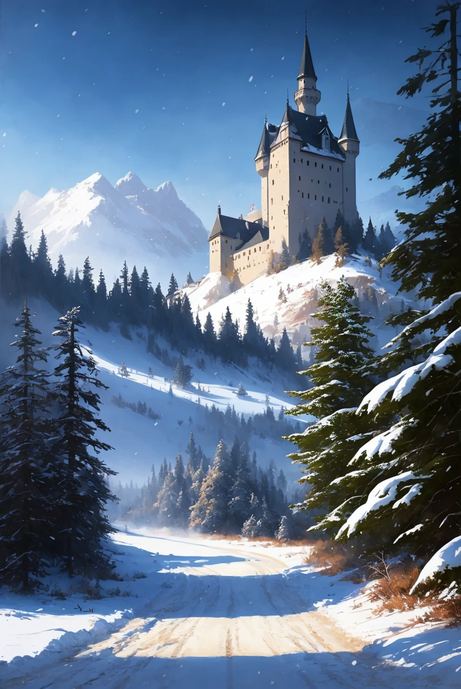 (extremely detailed CG unity 8k wallpaper), full shot photo of the most beautiful artwork of a medieval castle, snow falling, nostalgia, grass hills, professional majestic oil painting by Ed Blinkey, Atey Ghailan, Studio Ghibli, by Jeremy Mann, Greg Manchess, Antonio Moro, trending on ArtStation, trending on CGSociety, Intricate, High Detail, Sharp focus, dramatic, photorealistic painting art by midjourney and greg rutkowski