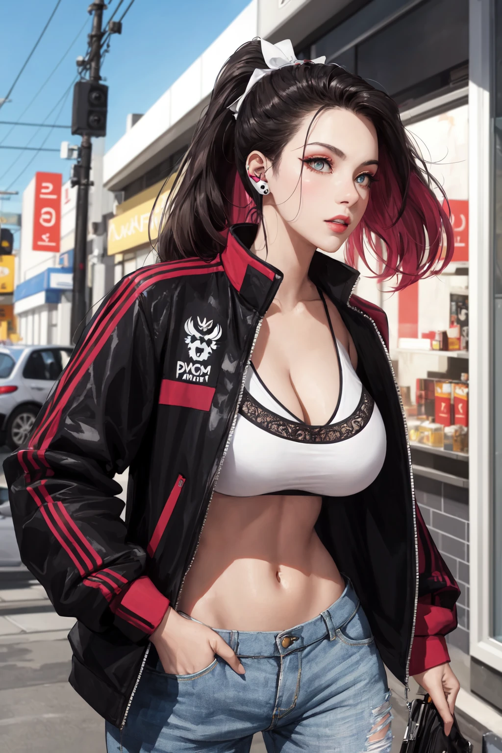 (masterpiece:1.2, best quality), (real picture, intricate details, depth of field), (1girl, solo, huge breasts), make up, parted lips, realistic, highly-detailed, perfect face, dynamic pose, dynamic angle,
Clothes: edgy, avant-garde jacket, tech wear, experimental, high-tech clothes, headphone
Appearance: bold hair color, ponytail, dramatic makeup, unconventional fashion choices, piecing,
Behavior: standing outside of a store, listening to music, thinking
Location: outdoor, dark city, colorful Graphiti, paint splash, neon lights, convenience store
Hobbies: attending music concert, creating mixed media art, experimenting with different subcultures
Values: individuality, authenticity, creative expression
Inspirations: lofi music, counterculture icons, avant-garde art movements, technology
Personality traits: calm, shy, tech enthusiast