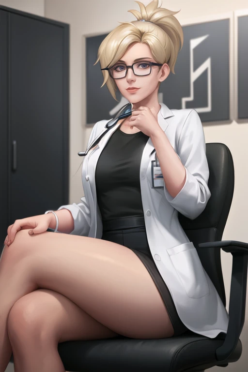 portrait, waist up, mercy, labcoat, name tag, high ponytail, sitting, chair, doctor office, looking at viewer, glasses, hands on thighs, <lora:mercyOverwatchLORA_v1:0.7>, best quality