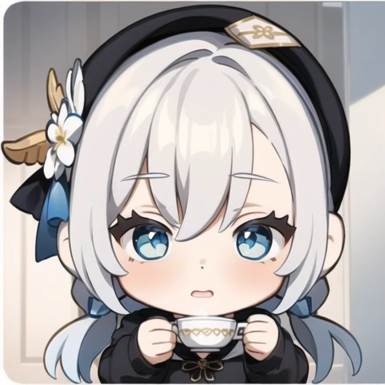 masterpiece, best quality, chibi, 1girl, solo, white hair, blue eyes, black hoodie, holding teacup <lora:GenshinStickers:1>