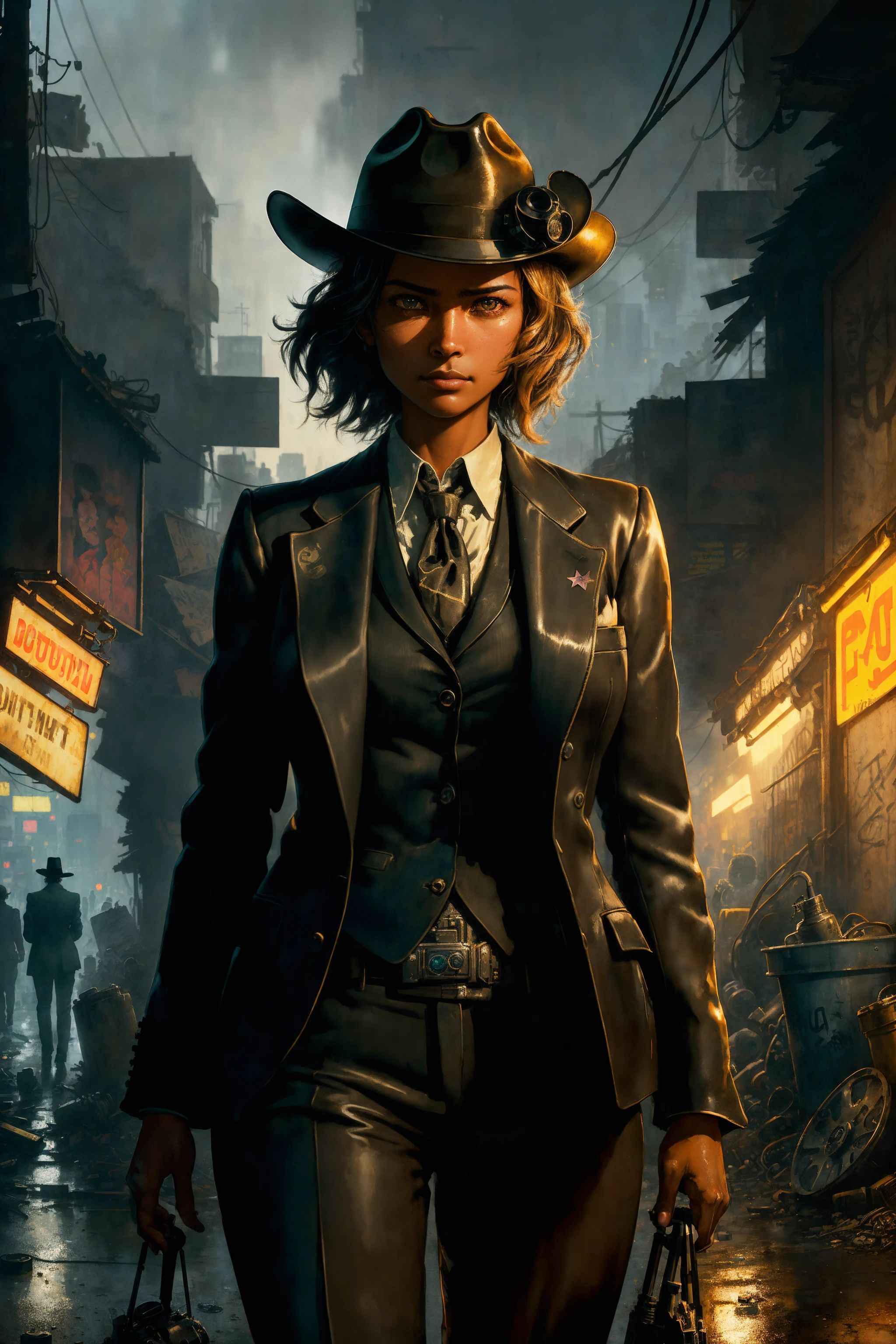 1girl, (noir detective:1.2), tan skin, (fancy suit:1.1), fedora, smirk, (ultra detailed face and eyes:1.1), (album art:1.1), slum cyberpunk, frown, (slum old garage:1.1), (artpunk:1.0), unique pose, (trigun:1.1), (masterpiece:1.1), best quality, run-down, ultra high detail, (by antoine blanchard and casey baugh:1.1), (by zdzislaw beksinski:0.8), extremely intricate, extreme detail, raytracing, reflections, beautiful lighting, (harsh lighting:1.1), watercolor, (High Saturation Clarity Contrast, deep levels, sharp, retouched, color graded:1.1), soft lighting, cinematic, (heavy contrast:1.2)