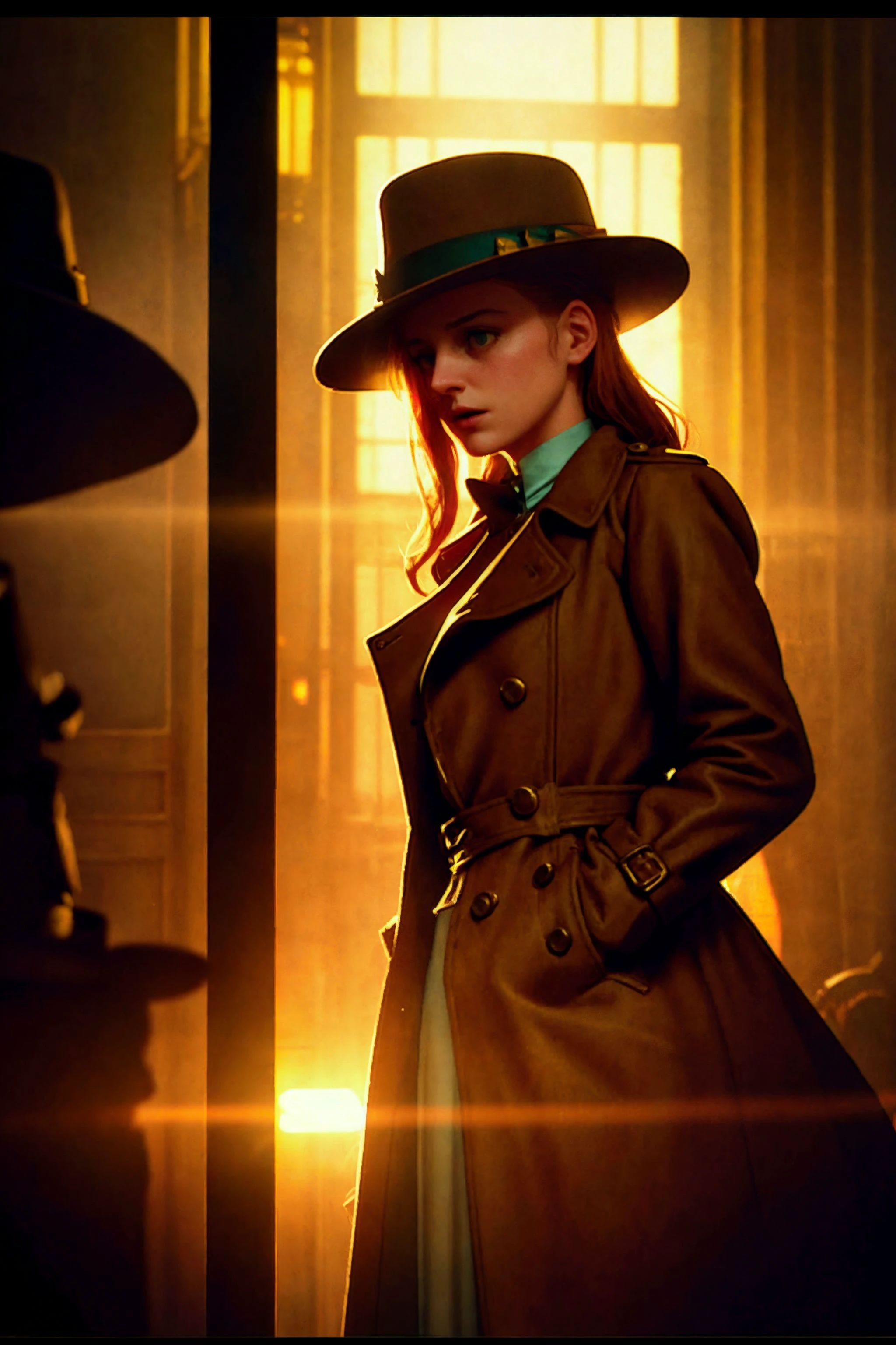 90's found footage vhs, dvd scanlines, film grain, film noise, realistic, cinematic, beautiful detective woman, trench coat, trilby hat, old victorian study, volumetric lighting, dusty, clutter and mess, soft lighting, hazy, dim lighting, dark,