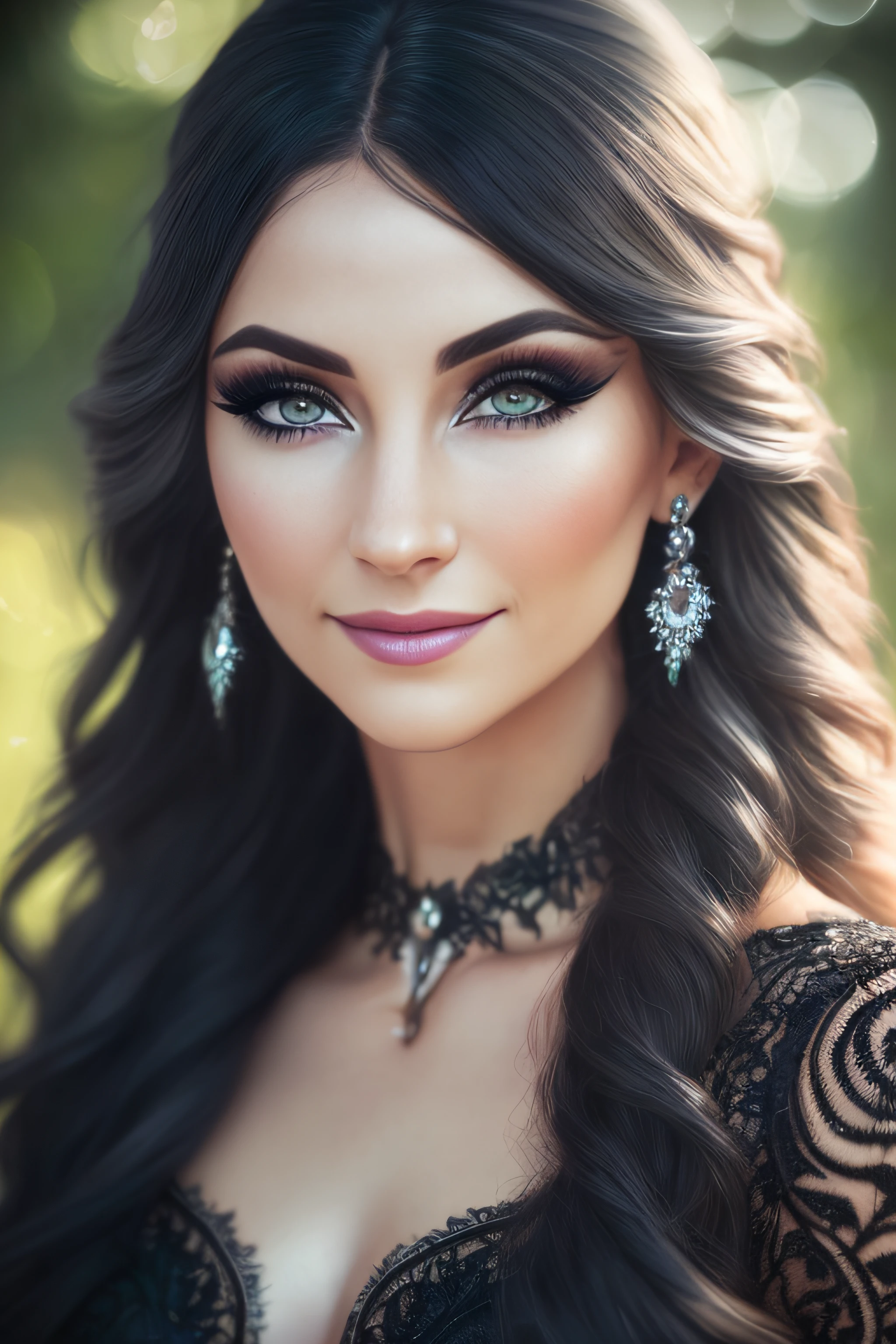 (RAW, analog, Nikon Z 85mm, award winning glamour photograph, ((best quality)), ((masterpiece)), ((realistic)), radiant light rays, highres, detailed facial features, high detail, sharp focus, smooth, aesthetic, extremely detailed, stamp, octane render, photo_\(ultra\), photorealistic, realistic, post-processing, max detail, realistic shadows, roughness, natural skin texture, real life, ultra realistic, photorealism, photography, 8k uhd, photography, hdr, intricate, elegant, highly detailed, sharp focus, radiant light rays), (1girl, elf MILF, long ears, pointy ears, white hair, vibrant blue eyes, long hair with fringe, intricate hairdo, (heavy eyeliner), detailed_eyes, thick_eyelashes, ((close_up, portrait)), (outdoor background), fantasy, lacey black dress, (small breasts), sad, smile)
