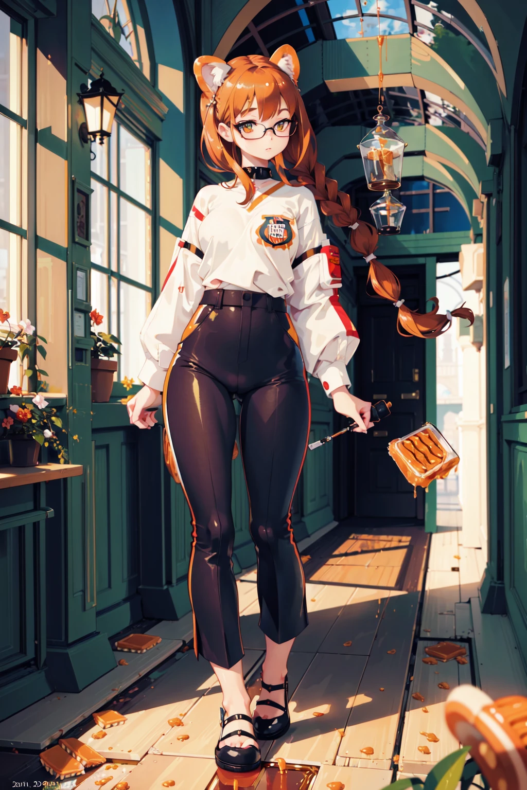 (masterpiece), (best_quality), (ultra-detailed), (illustration), (welcoming), depth of field, 1girl, (peanut butter villain:1.3), (in a  conservatory:1.3), full body, auburn hair, twin braids, neon white eyes, pose, [:seductive, casual costume design:0.2], glasses, small breasts, wide hips, tall, athletic slim hourglass figure,skindentation, (silk trousers:1.2), , official art, vivid color, finely detailed, hyper detailed, 8k, high resolution illustration, absurdres, intricate detail <lora:cutemix3:1>