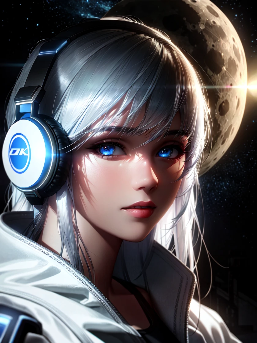 (on the moon, space, looking back into earth), white hair, black tank top, volumetric lighting, white jacket, glowing headphone, cyberpunk, futuristic, multi-color eyes, detailed eyes, hyper detailed,light smile,

highly detailed, beautiful, small details, ultra detailed, best quality, intricate, hyperrealism, sharp, digital illustration, detailed, realism, intricate, 4k, 8k, trending on artstation, good anatomy, beautiful lighting, award-winning, photorealistic, realistic shadows, realistic lighting, beautiful lighting, raytracing, intricate details, moody, rule of thirds, masterpiece, (illustration:1.1), highres, (extremely detailed CG, unity, 8k wallpaper:1.1), beautiful face, highly detailed face,  ultra realistic, masterpiece, bokeh, extremely detailed, intricate, zoomout,

colorful, vibrant colors, red nail polish, side view,