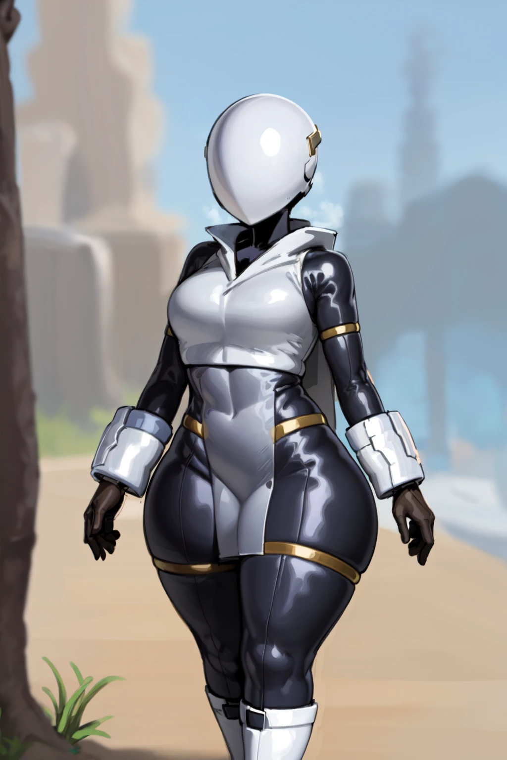 1girl, solo, standing, bodysuit, skin tight, helmet, gloves, boots, ((pelvic curtain)), facing viewer, looking at viewer, breasts