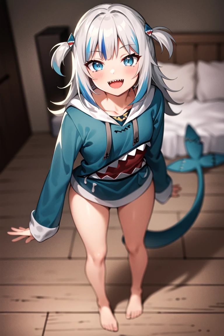 2d, masterpiece, best quality, anime, highly detailed face, highly detailed eyes, highly detailed background, perfect lighting, full body, 1girl, solo, gawr gura, shark girl, shark hair ornament, blue hoodie, shark tail, shark print, :d, sharp teeth, standing, barefoot, bedroom <lora:gawr_gura-17:0.9>